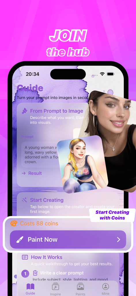 Interface do aplicativo Elama mostrando geração de imagem a partir de prompt com um retrato ilustrado e botão pintar agora