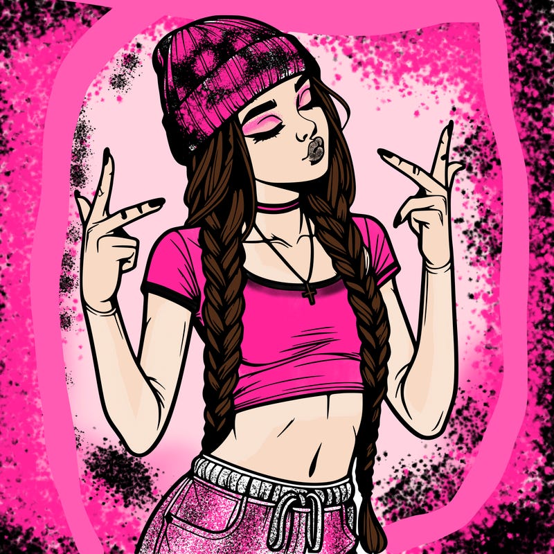 realistic teenage girl with braids and a beanie and crop top doing 🫶🏼