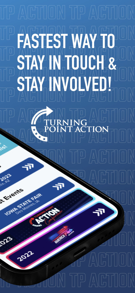 TPACTION - Screenshot der TPACTION-App, der das Turning Point Action-Logo und eine Liste politischer Veranstaltungen zeigt