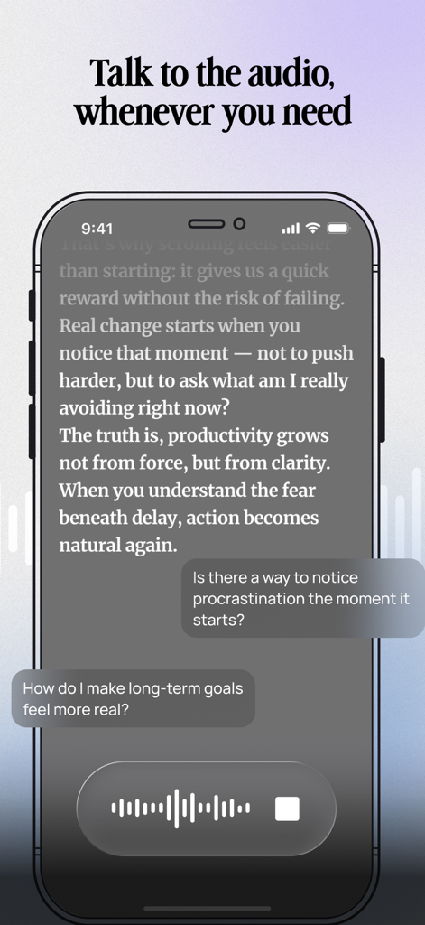 BeFreed app interface showing a personalized audio lesson with interactive AI chat for productivity coaching.