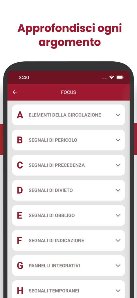 Quiz Patente 2026 - Screen showing a list of study topics for the Italian driving license ministerial quiz