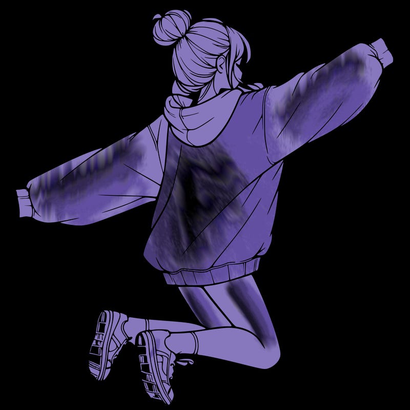 realistic girl jumping with a bun and oversized sweatshirt
