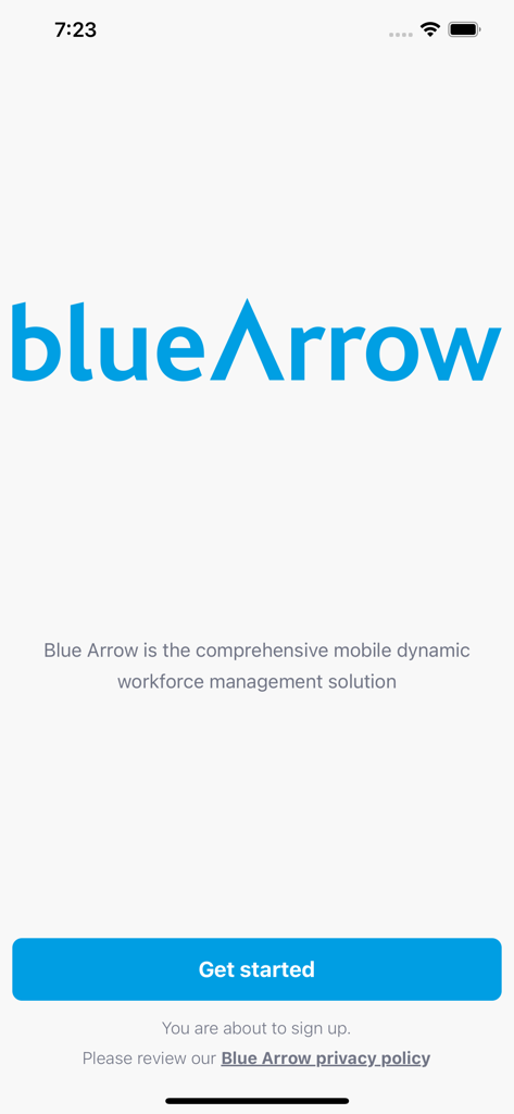 Pantalla de bienvenida de la aplicación Blue Arrow con el logotipo de la empresa y un botón para empezar