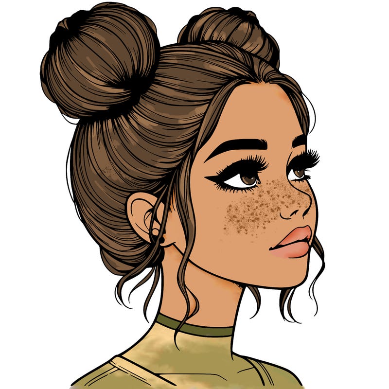 realistic girl with buns on the top of her head