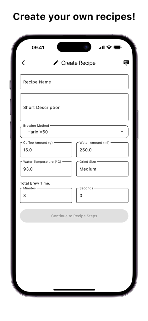 Timer.Coffee - Pantalla de creación de recetas de café personalizadas en la aplicación Timer Coffee