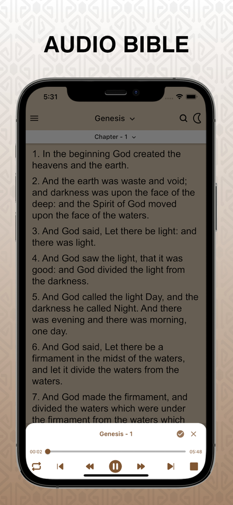 Holy King James Bible + Audio - Interfaz de la aplicación Santa Biblia Reina Valera con el reproductor de audio leyendo el capítulo uno del Génesis