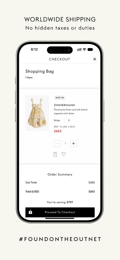 THE OUTNET: Luxury for less - Checkout screen on THE OUTNET app showing a discounted Zimmermann dress and worldwide shipping info