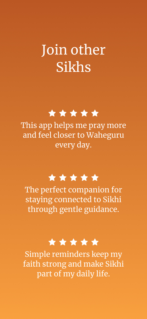 Simran - Sikh AI Chat - Five star user reviews for the Simran Sikh AI Chat app on an orange background