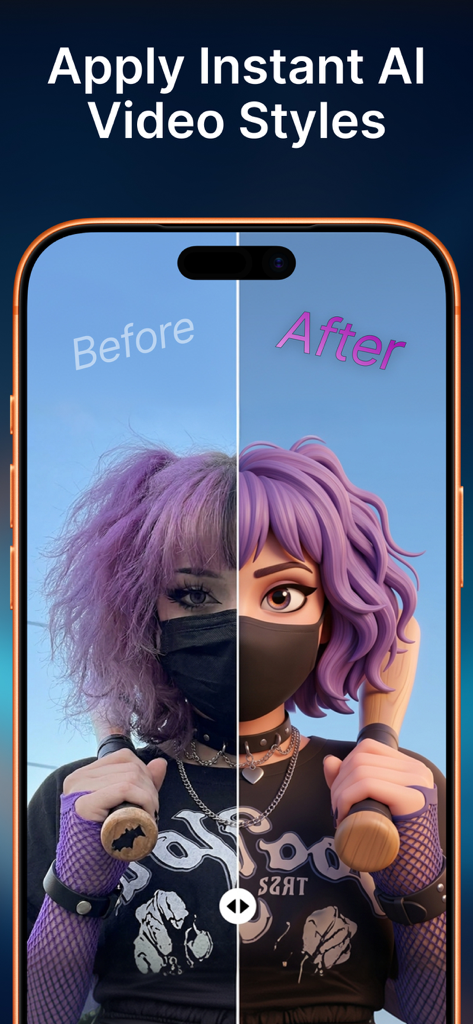 Pixverse AI Video Generator - Comparaison avant/après d'une photo transformée en personnage animé 3D à l'aide de styles vidéo IA