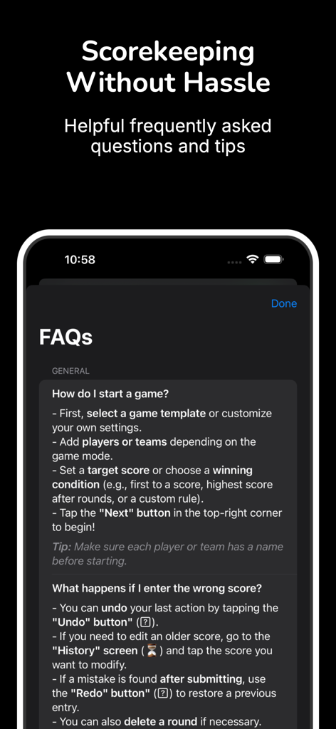 Universal Score Keeper - Universal Score Keeper FAQ screen with helpful tips and instructions