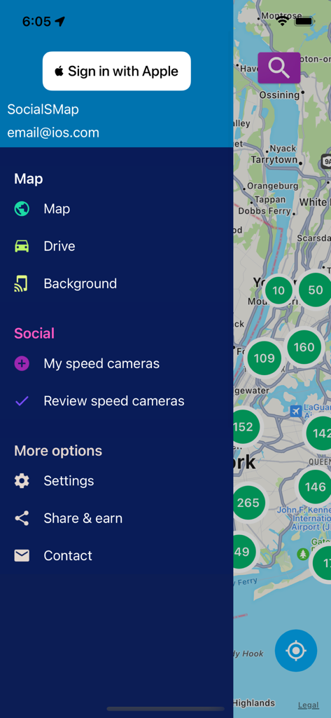 Sidebar menu of the Speed Cameras Radar app showing navigation and social features over a map of New York
