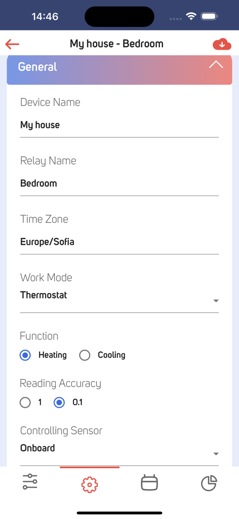 Einstellungen der proSmart-App für einen Hausthermostat, die den Arbeitsmodus und die Heizungskonfiguration zeigen.