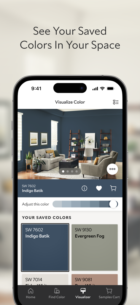 Sherwin-Williams Color Expert™ - Sherwin Williams Color Expert app interface visualizing saved paint colors in a modern living room