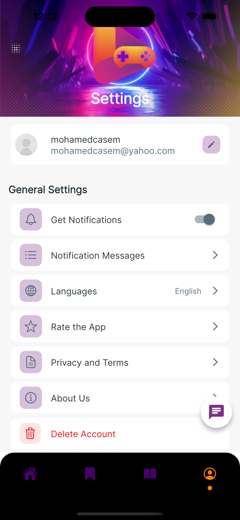 Gamezawy Magazine - Pantalla de configuración de Gamezawy Magazine con el perfil del usuario y las preferencias de la aplicación