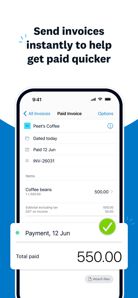 Xero App-Bildschirm, der eine bezahlte Rechnung für Kaffeebohnen mit einem grünen Häkchen anzeigt, das eine abgeschlossene Zahlung von 550 Dollar anzeigt