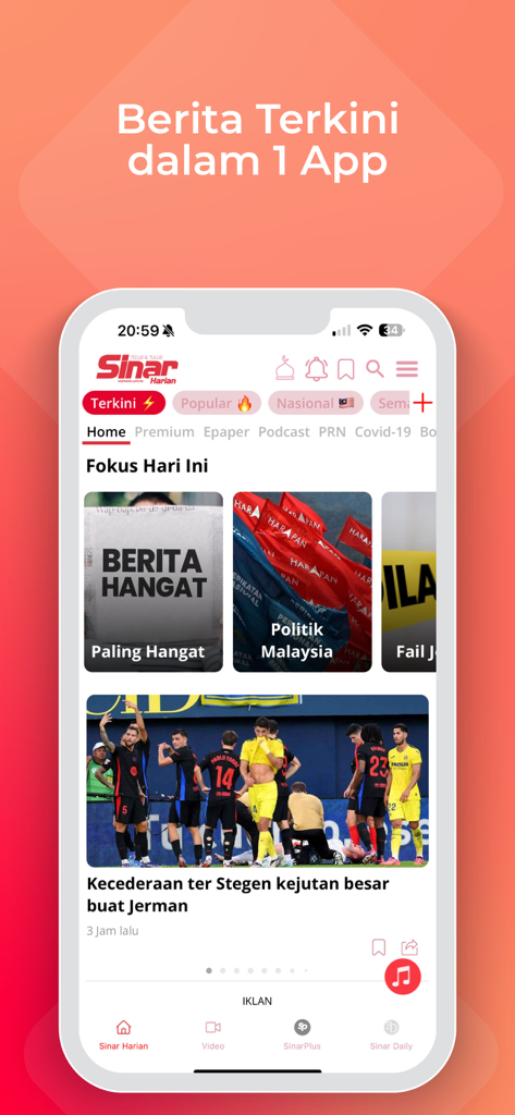Sinar Harian - Berita Terkini - Sinar Harian mobile app home screen showing latest Malaysian news and sports updates in Malay