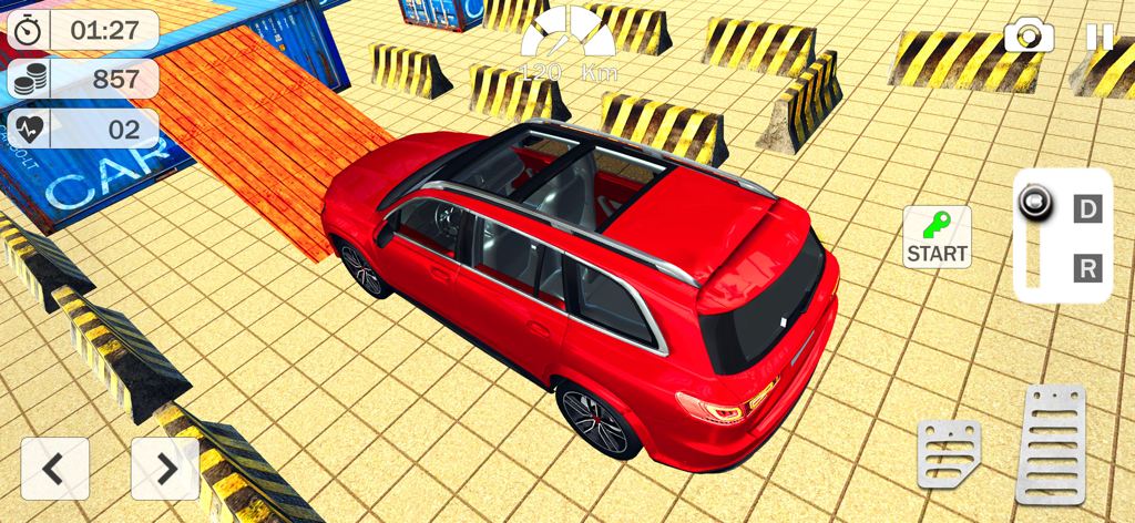 Prado Car Parking Driving Game - Red luxury SUV navigating a parking challenge in a driving simulation game
