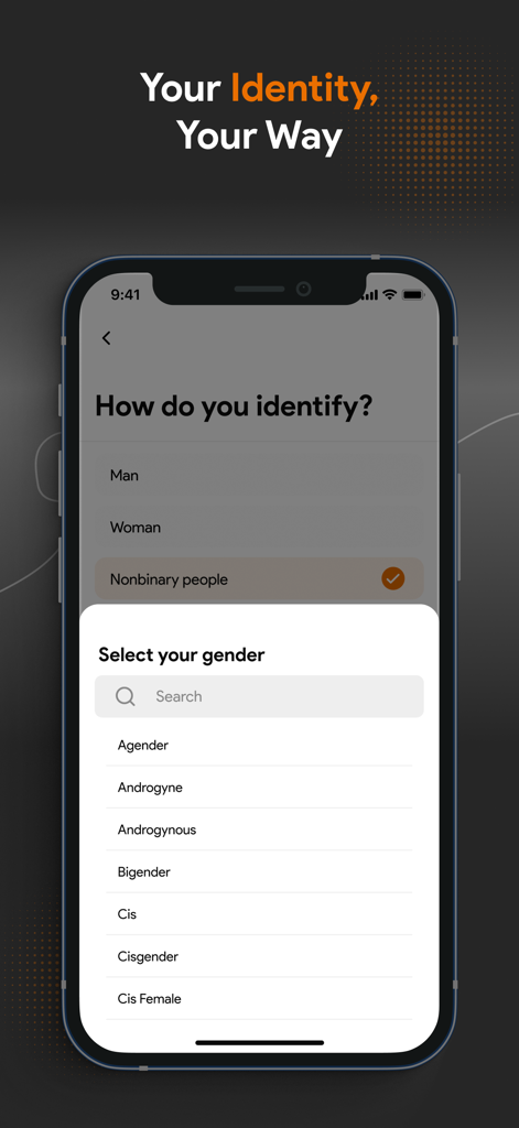 Hooked On Dating Local App - Una pantalla de smartphone de la app Hooked On Dating que muestra una gama diversa de opciones de selección de identidad de género.