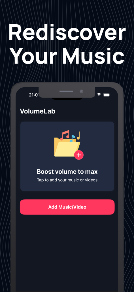 Volume Booster ° - Pantalla de inicio de la aplicación VolumeLab con el encabezado 'Redescubre tu música' y un botón para agregar música o video para aumentar el volumen.