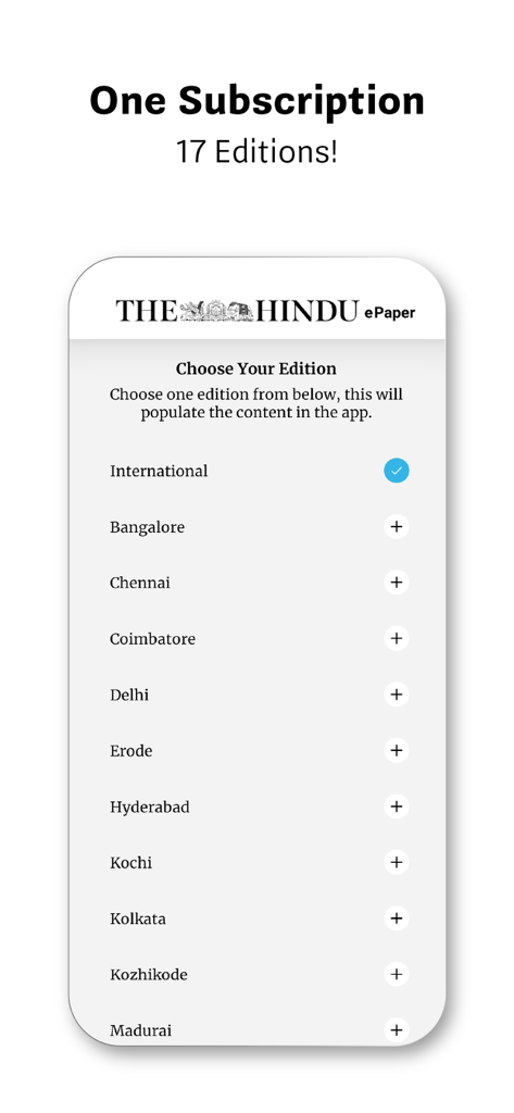The Hindu ePaper app screen showing a list of 17 regional editions available with one subscription.