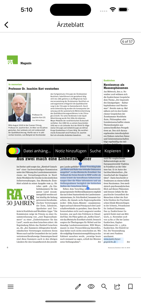 Rheinisches Ärzteblatt RÄ - Interface of the Rheinisches Ärzteblatt app displaying a medical journal page with text selection and annotation tools