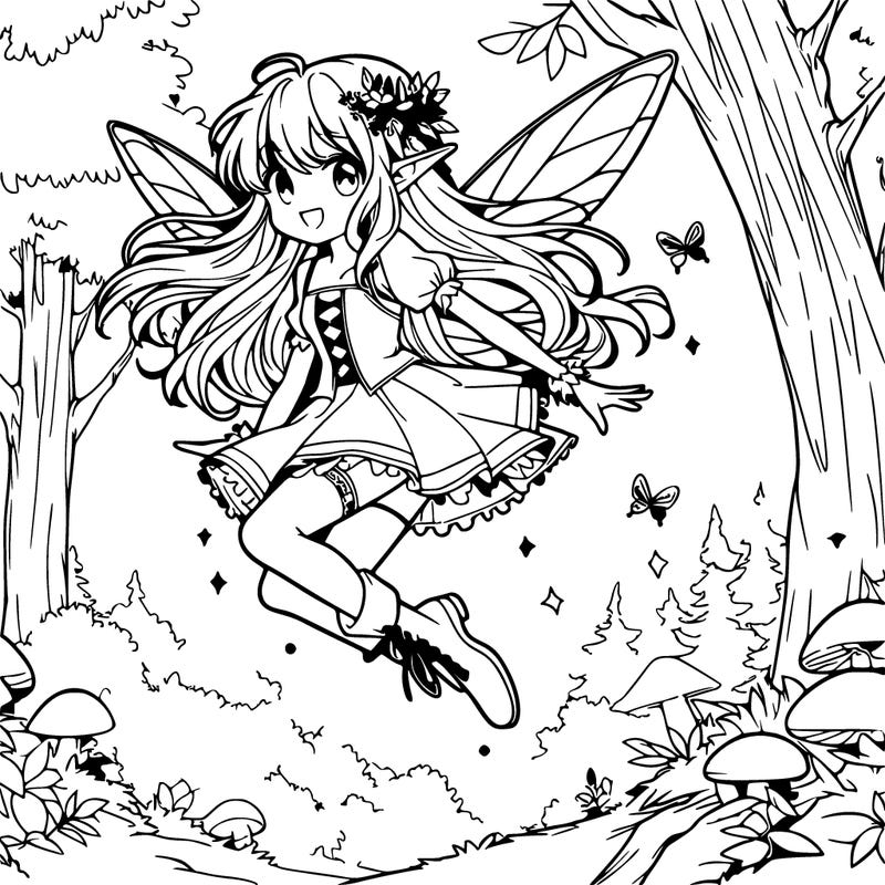 elf fairy anime girl flying in woods