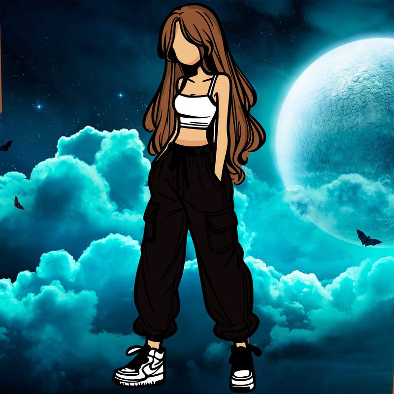 girl in baggy pants crop top and long hair