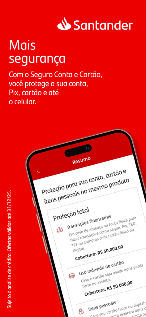 Banco Santander Brasil - Pantalla de la aplicación móvil Santander Brasil destacando funciones de seguridad de cuenta y tarjeta