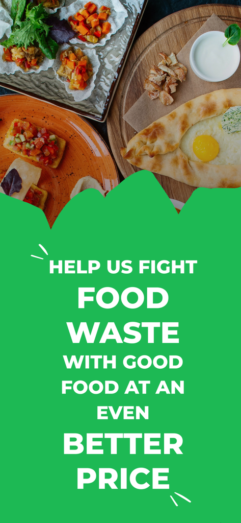 Nesnězeno: Save tasty food! - Un banner promocional para la aplicación Nesnezeno que muestra comida sabrosa y un mensaje para combatir el desperdicio de alimentos con precios de descuento