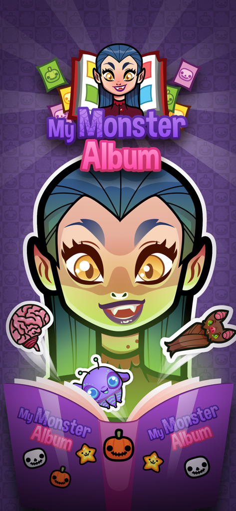 My Monster Album: Sticker Book - 紫色のシールブックとモンスターシールを持った、キュートな緑色の肌の吸血鬼の女の子キャラクター