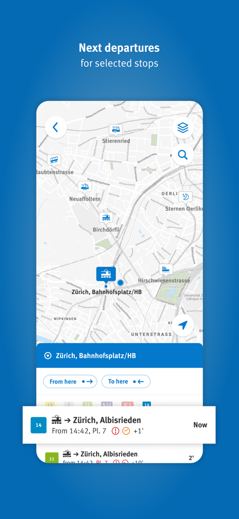 A smartphone screen displaying the ZVV app transit map with real-time departure information for Zurich