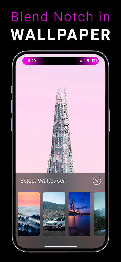 INFI: Dynamic Island Wallpaper - Una interfaz móvil para seleccionar fondos de pantalla de iPhone que combinan el notch en el diseño.
