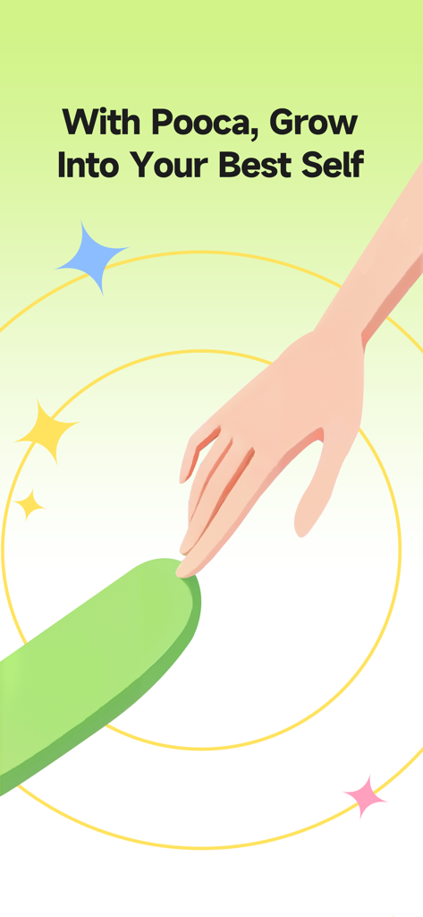 Pooca: Self-care Best Friend - 緑色のキャラクターに触れる手のイラスト。「Poocaと共に最高の自分になろう」という見出しと共に。