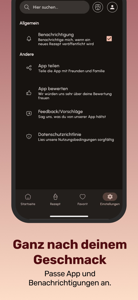 Eis-Perfecto - Interfaz de configuración de la aplicación Eis-Perfecto para gestionar notificaciones y opciones para compartir