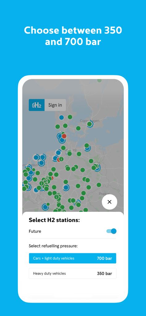 H2.LIVE - H2.LIVE App-Bildschirm mit einer Karte von Wasserstofftankstellen mit Optionen zur Auswahl zwischen 350 und 700 bar Betankungsdruck