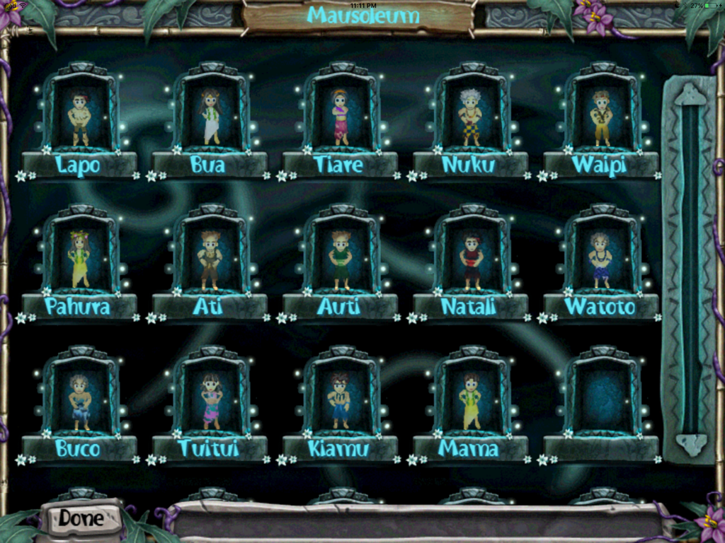 Virtual Villagers 4 for iPad - The mausoleum screen in Virtual Villagers 4 for iPad showing a grid of deceased tribe members and their names.