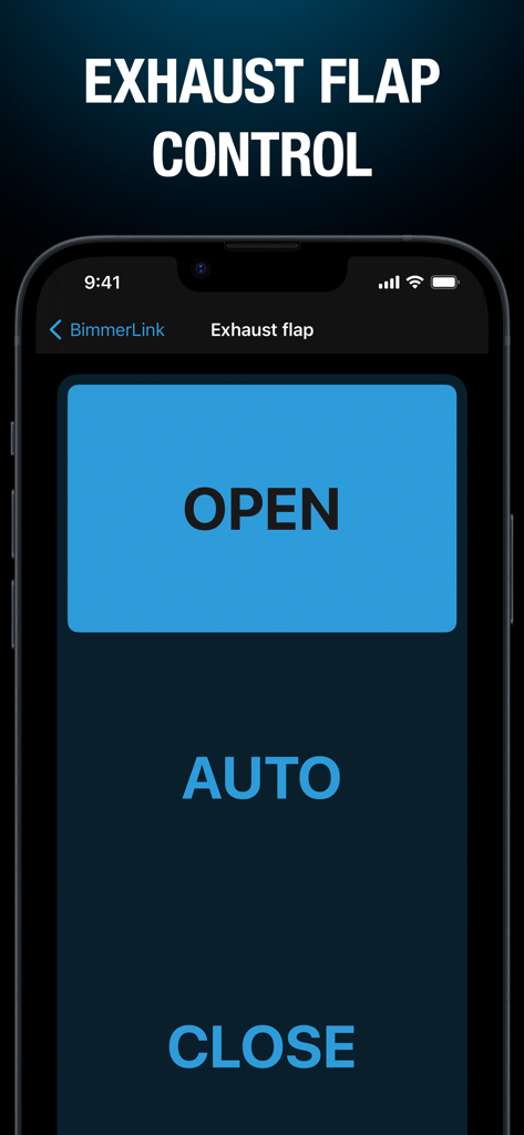 BimmerLink app interface showing exhaust flap control options with open auto and close buttons