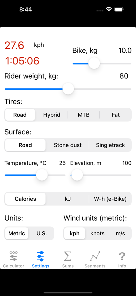Settings screen of the Bike Calculator Pro app displaying input parameters for weight, tire type, surface conditions, and environmental factors for cycling performance modeling.