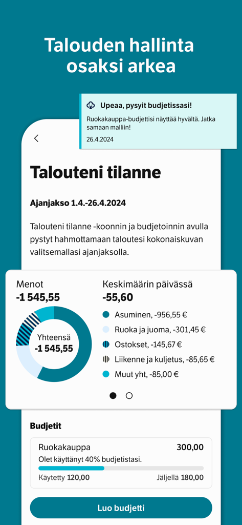 Säästöpankki Mobiili app interface for financial management and budget tracking.