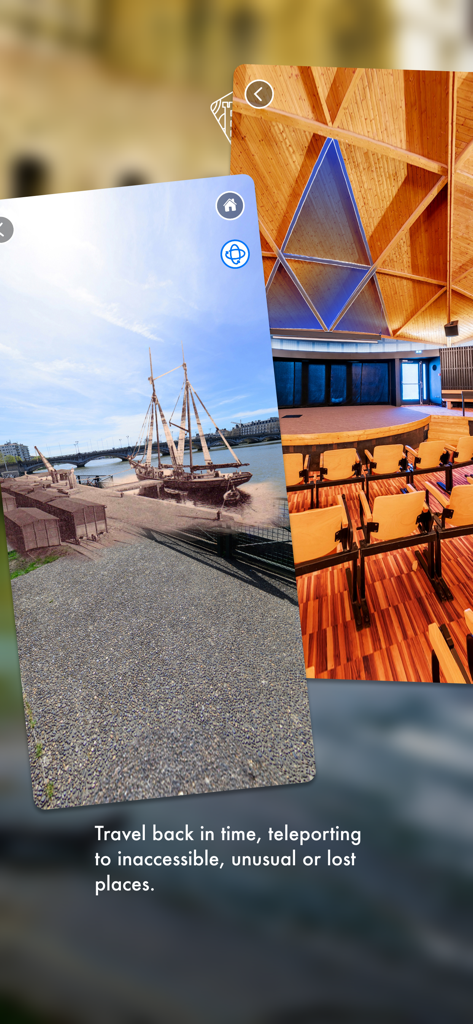 Archistoire - Two mobile phone screens from the Archistoire app showcasing a historical waterfront and a modern wooden interior.
