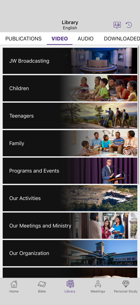JW Library app video section showing categories for children teenagers family and broadcasting