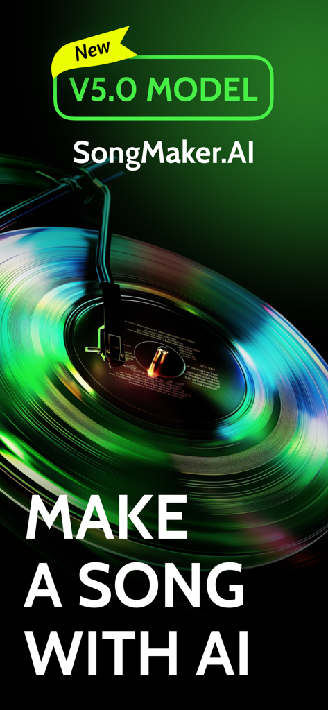 SongMaker AI music generator app screen with V5.0 model announcement and a glowing vinyl record.