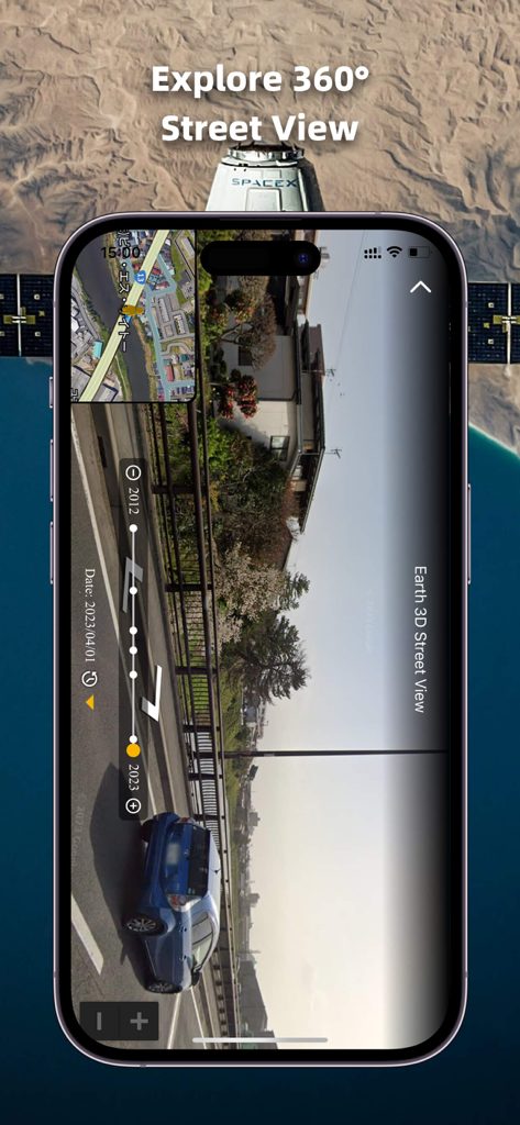 Earth Maps - Ein Smartphone zeigt eine 360-Grad-Straßenansicht mit einer historischen Zeitleistenfunktion von 2012 bis 2023.