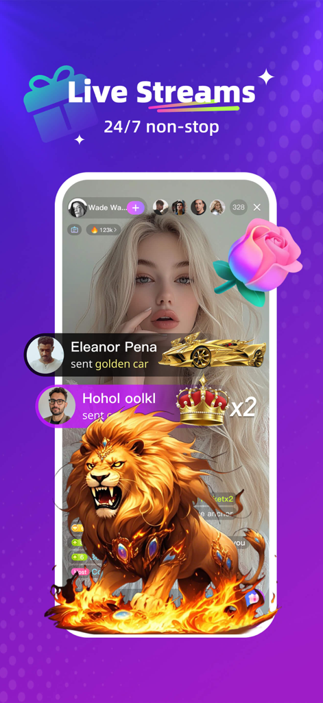 Crush Live - Mobile screenshot of Crush Live app showing a live stream with various virtual gift animations