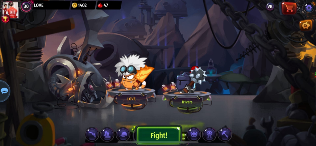Wormix game lobby showing two customized characters and a green fight button