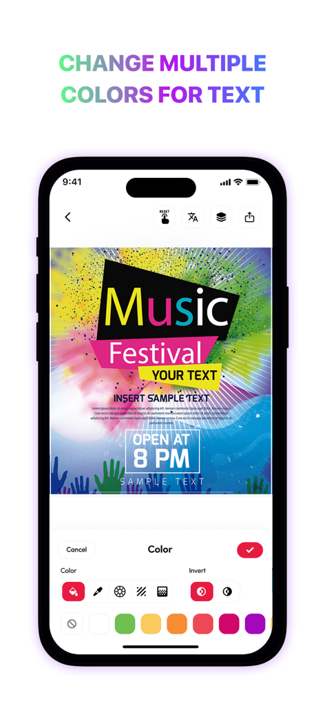 A mobile interface for the Poster Maker app showing a music festival flyer design being customized with multiple text colors.