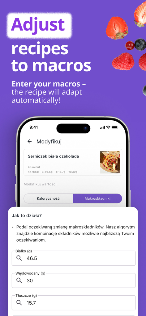 A screenshot of the Fitollo app showing how to adjust recipe ingredients based on protein, carbohydrate, and fat macro goals.