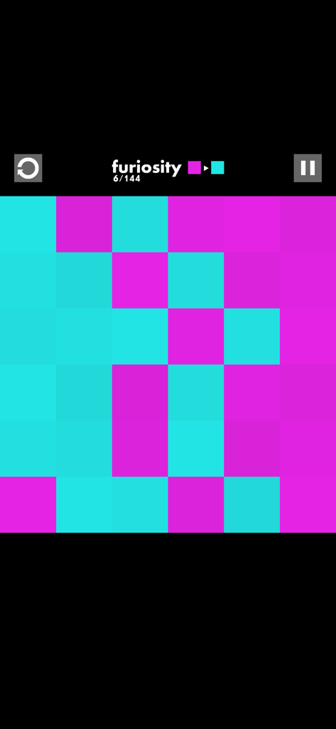 Gameplay screenshot of the Furiosity app showing a grid of pink and cyan squares on level 6