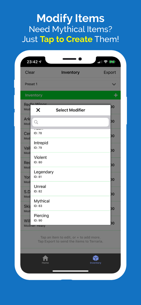 Plug for Terraria - Interface of Plug for Terraria showing a list of item modifiers to select for the inventory