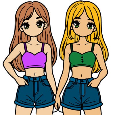 two sisters with crop tops and jean shorts and straight hair